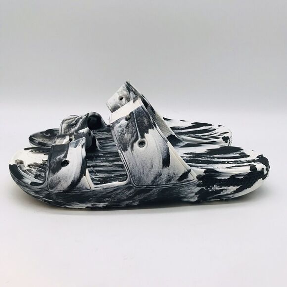 CROCS Iconic Comfort Women's 7 Double Strap Sandals Black & White Marble Slides - Picture 1 of 10